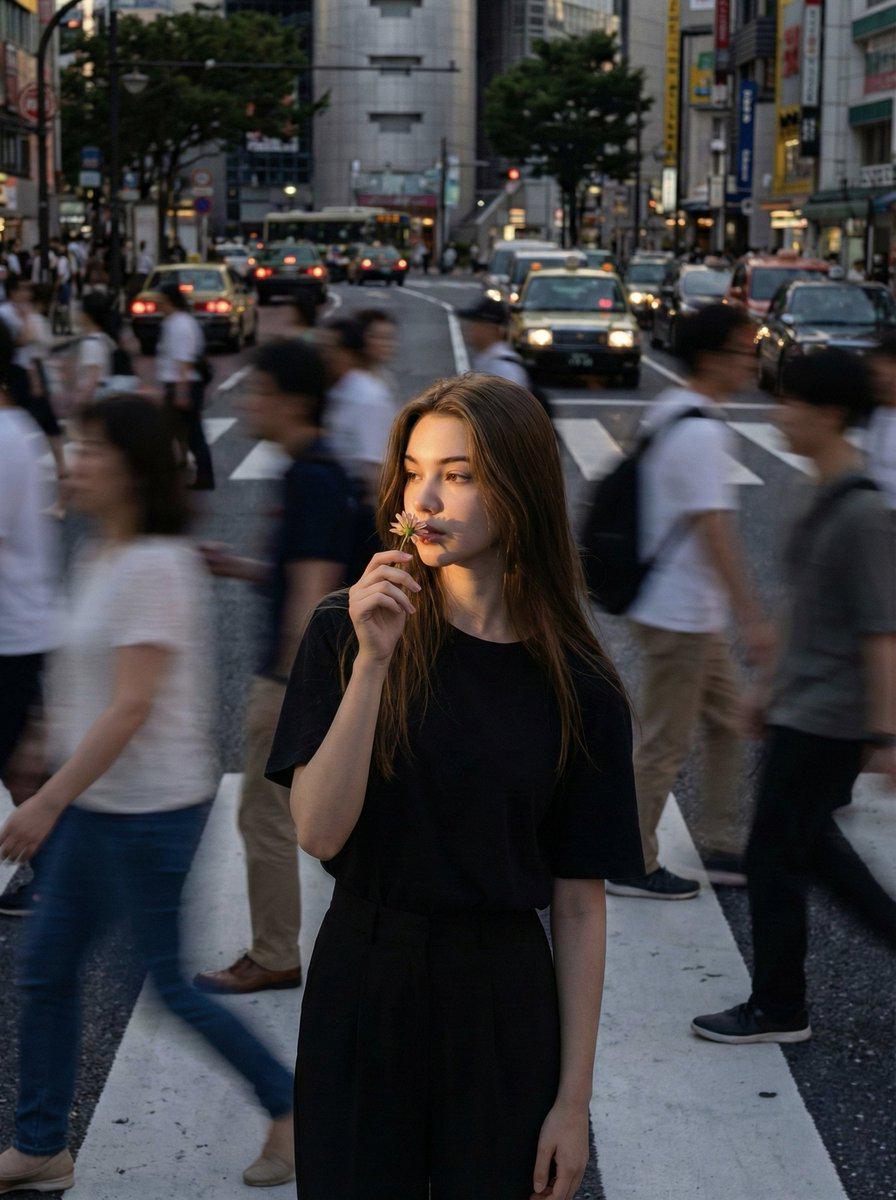 都市十字路口静立嗅花写真摄影