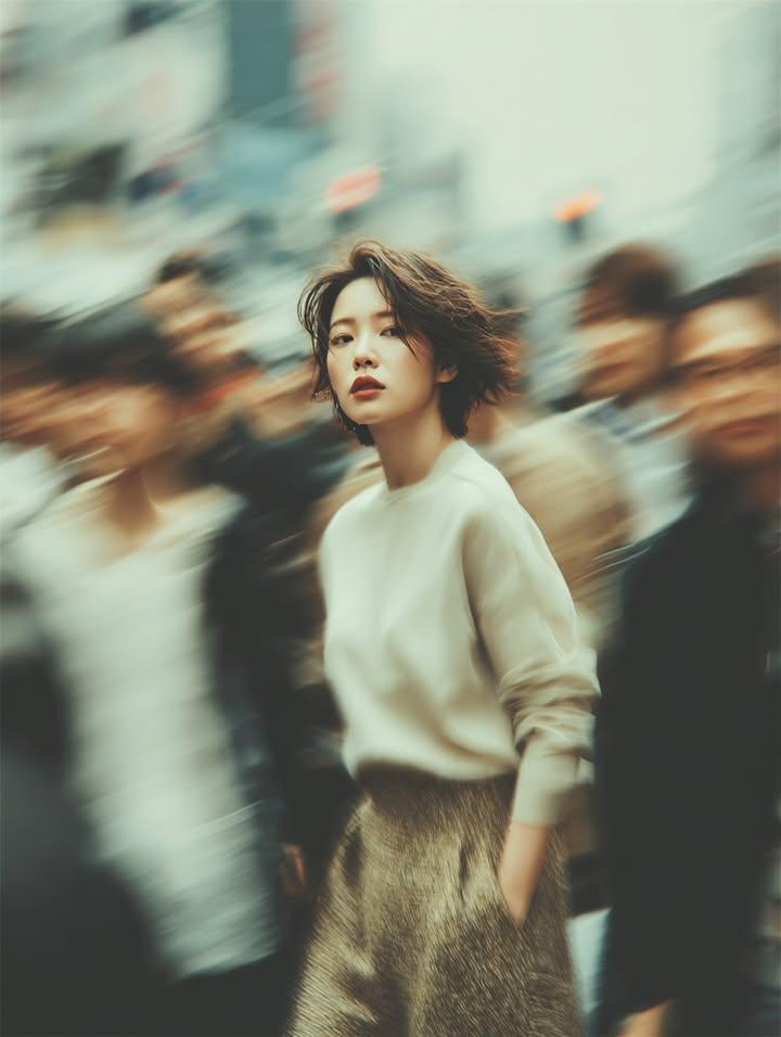 都市人潮中静止女子电影感街拍
