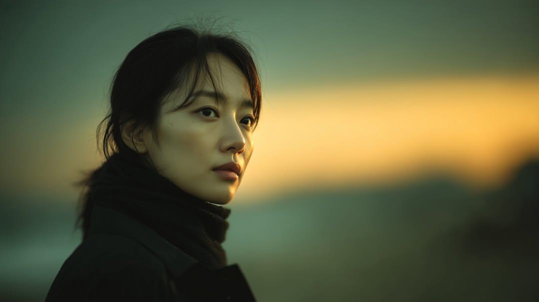 东亚女性日落侧颜电影感肖像