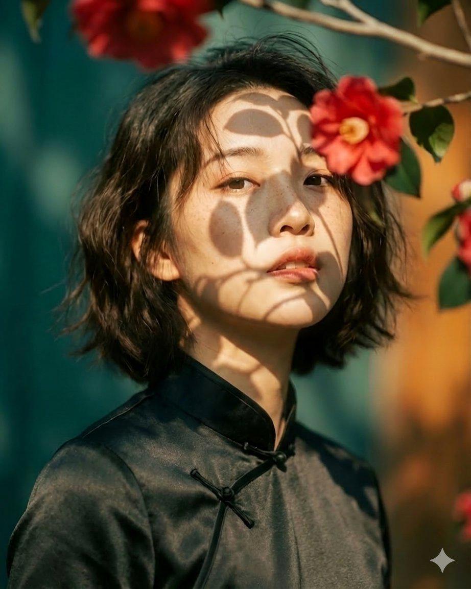 黑丝旗袍山茶花女性艺术肖像