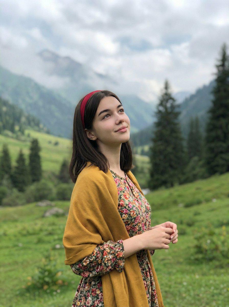 翠绿山谷中的宁静少女人像