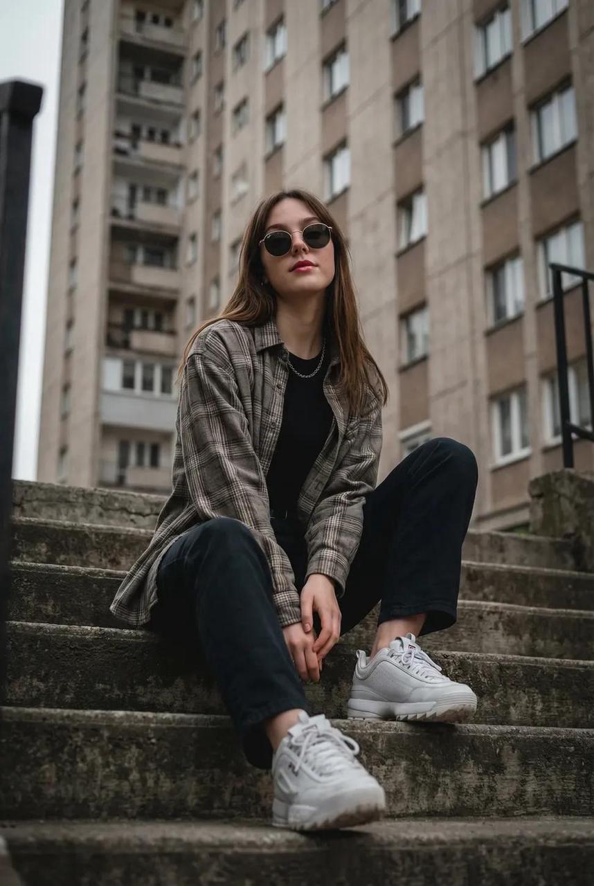 街头混凝土台阶上的酷感女孩
