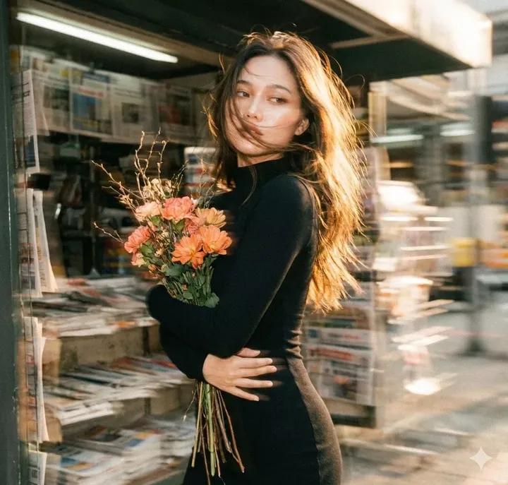 复古胶片风黑裙女子报摊双重曝光