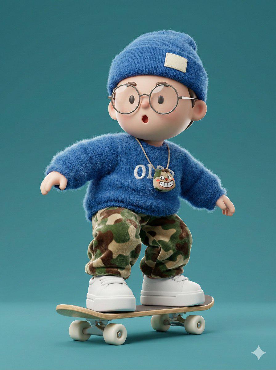 潮流盲盒风格滑板男孩3D渲染