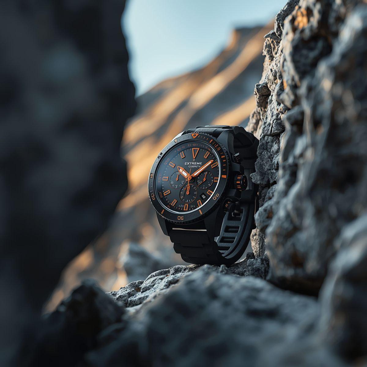 岩缝中的黑橙腕表微距广告