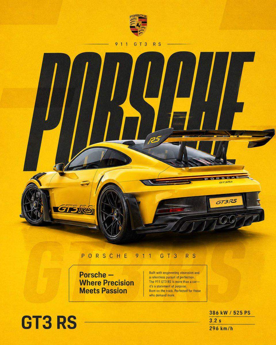 保时捷GT3 RS赛车黄竖版社交海报