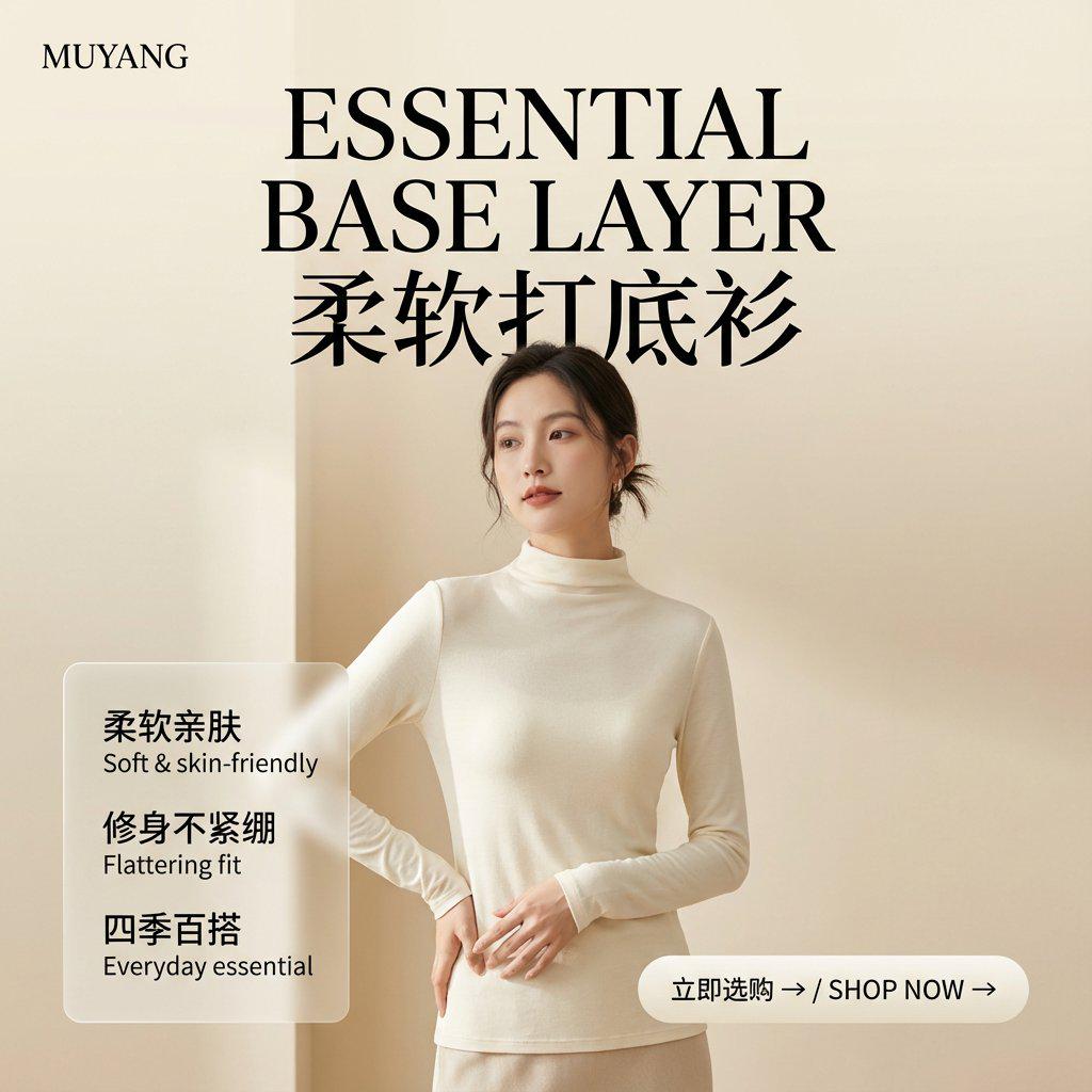 亚洲女模特极简打底衫时尚产品竖版海报