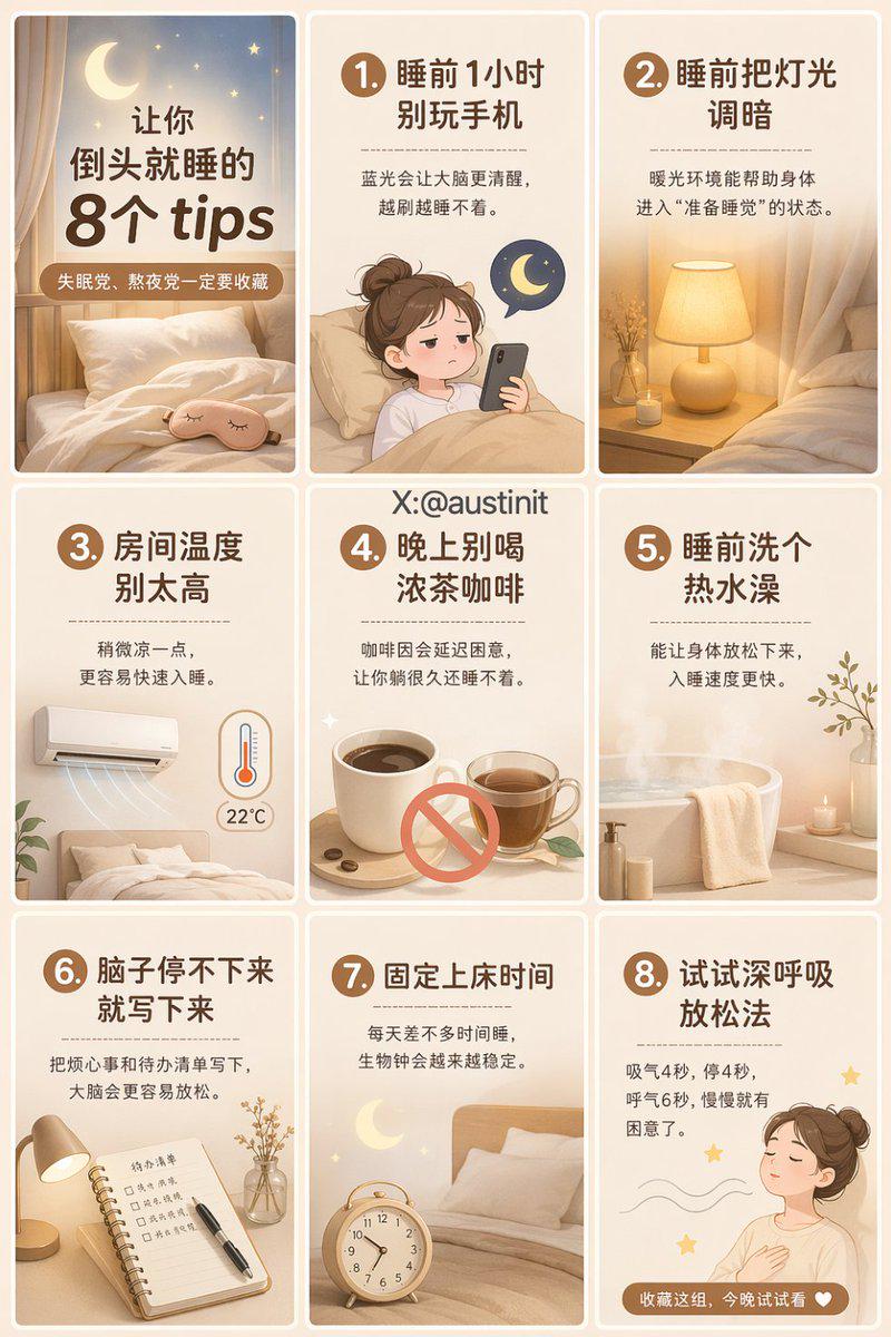 小红书九宫格助眠好习惯海报