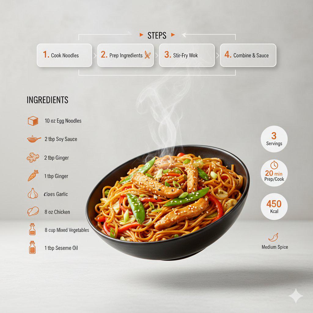 现代简约炒面食谱信息图视觉设计