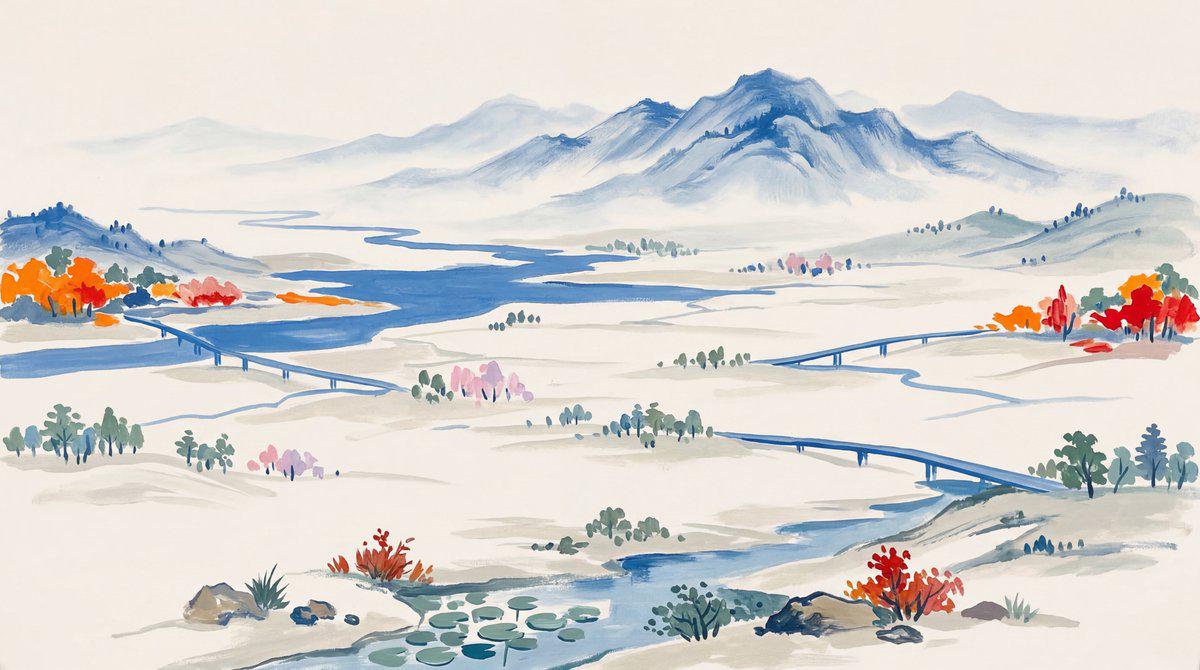 蓝橙配色山水远景风景画