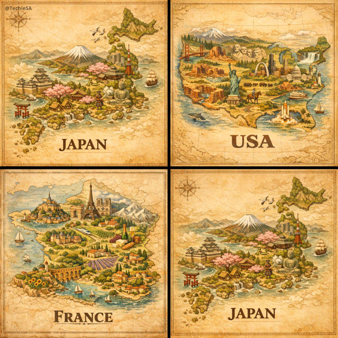 复古地图风格国家手绘等距鸟瞰插画