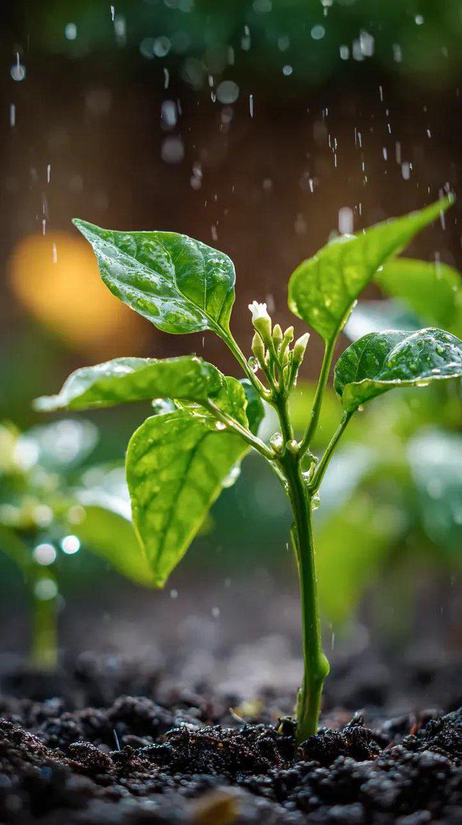 细雨中辣椒幼苗微距特写摄影