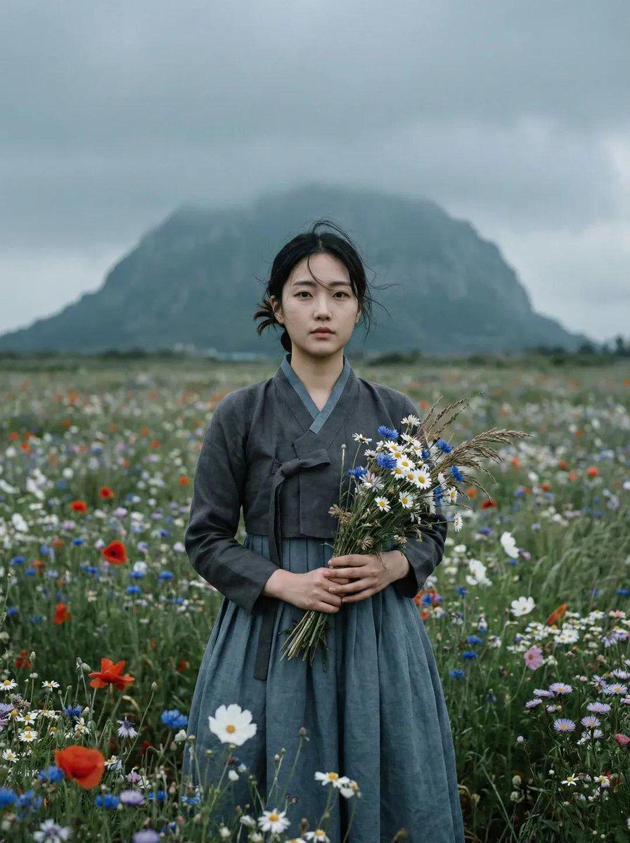 东亚女子野花草甸韩服电影肖像