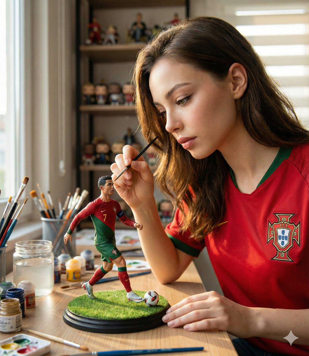 女子专注为C罗微型人偶手绘上色