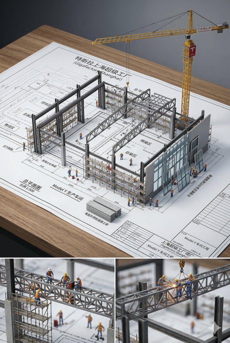 建筑蓝图中跃出的微缩施工场景