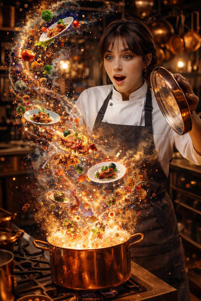 厨师掀锅美食星系爆炸超写实摄影