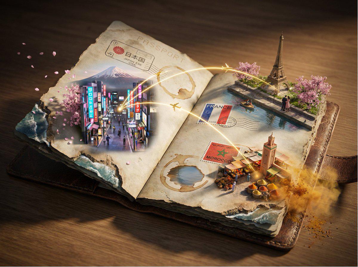 护照签证章幻化城市地标立体奇景