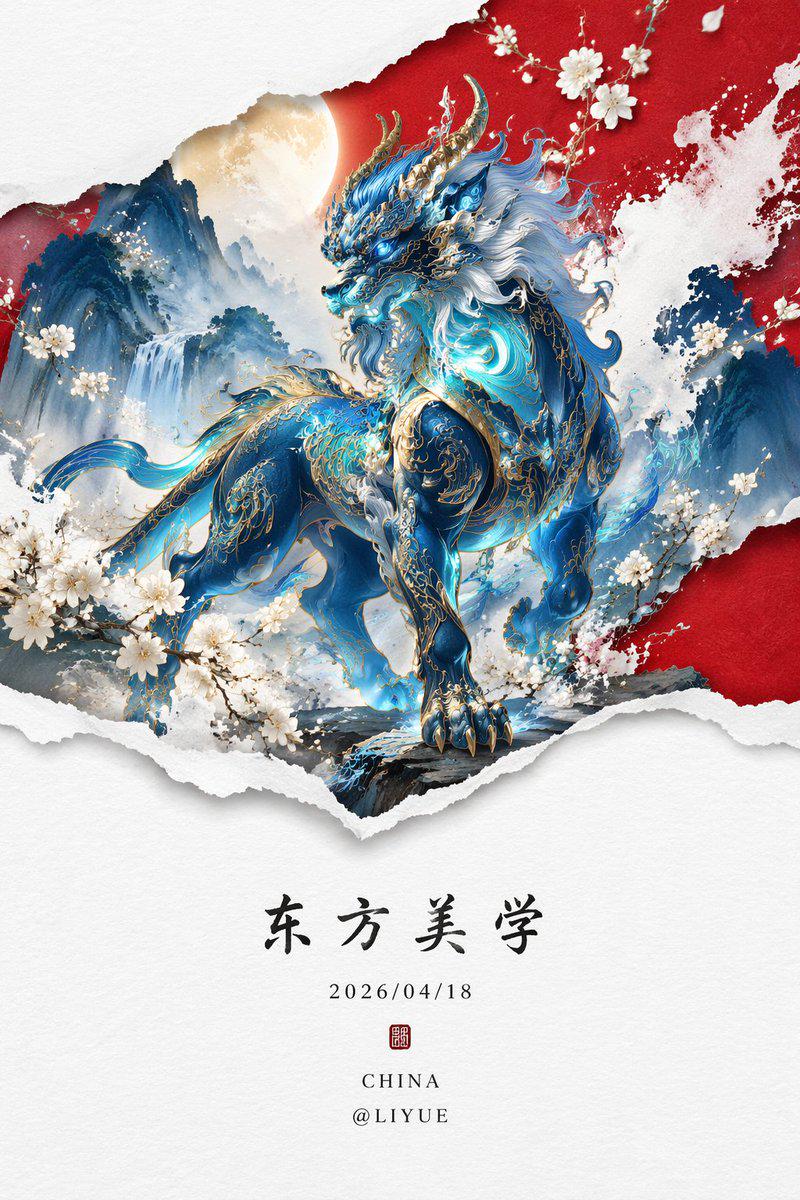荧光蓝穷奇新中式山水画